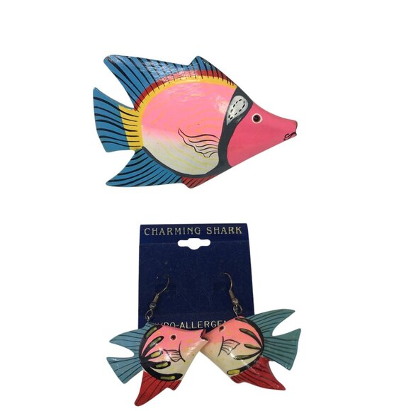 Vintage Resort wear painted shirt tie and earrings set colorful wooden fish y2k - Picture 1 of 5